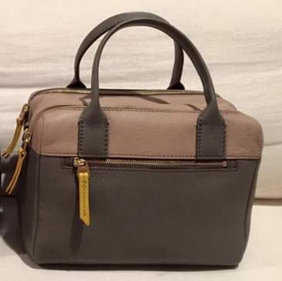 FOSSIL Erin Colourblocked Satchel Leather Khaki Beige Double Zip Carry Bag - Picture 4 of 15
